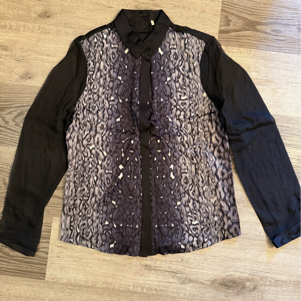 Elie Tahari Black and Gray Sheer Long Sleeve Blouse